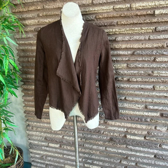INC International Concepts Brown 100% Linen Raw Edge Open Drape Jacket - Picture 1 of 4